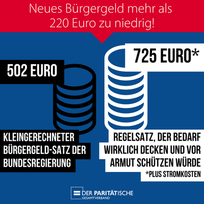 725 Euro. Regelsatz, der Bedarf wirklich decken und vor Armut schützen würde (plus Stromkosten).