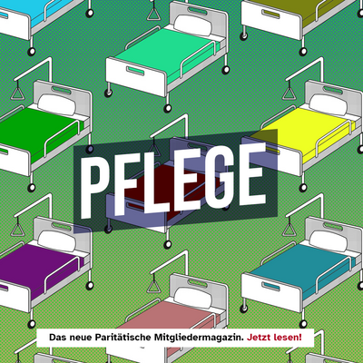 Grafik: bunte Pflegebetten vor grünem Hintergrund. Text: Pflege