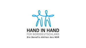 Grafik von 2 Personen in einer blauen Linie gezeichnet. Text: Hand in Hand für Norddeutschland Die Benefizaktion des NDR