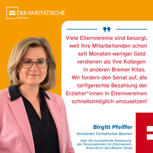 Viele Elternvereine sind besorgt, weil ihre Mitarbeitenden schon seit Monaten weniger Geld  verdienen als ihre Kollegen  in anderen Bremer Kitas.  Wir fordern den Senat auf, die tarifgerechte Bezahlung der Erzieher*innen in Elternvereinen schnell umzusetz