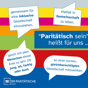 Bunte Streifen mit Zitaten zum Thema "Paritätisch sein heißt für uns ..."