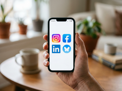 Hand mit Smrtphone, darauf bunte Symbole von Instagram, Facebook, Linkedin und Bluesky