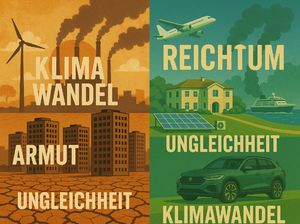 Grafik mit Hochhäusern, rauchenden Fabrikschornsteinen, Solarpanels, SUV, Schiff, Windrad, Keywords: Klimawandel Armut Reichtum Ungleichheit