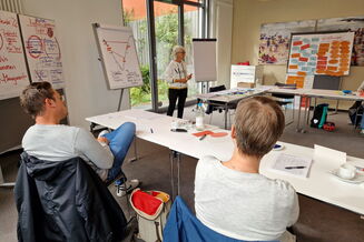 Seminarraum mit weißen Tischen, 3 Menschen sichtbar, viele Stellwände, 2 Flipchart und bunte Zeichnungen und Zettel