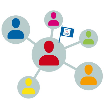 Grafik eines Netzwerk mit bunten Personen-Icons, die verbunden sind, an einer eine kleine Flagge mit Parität-Logo