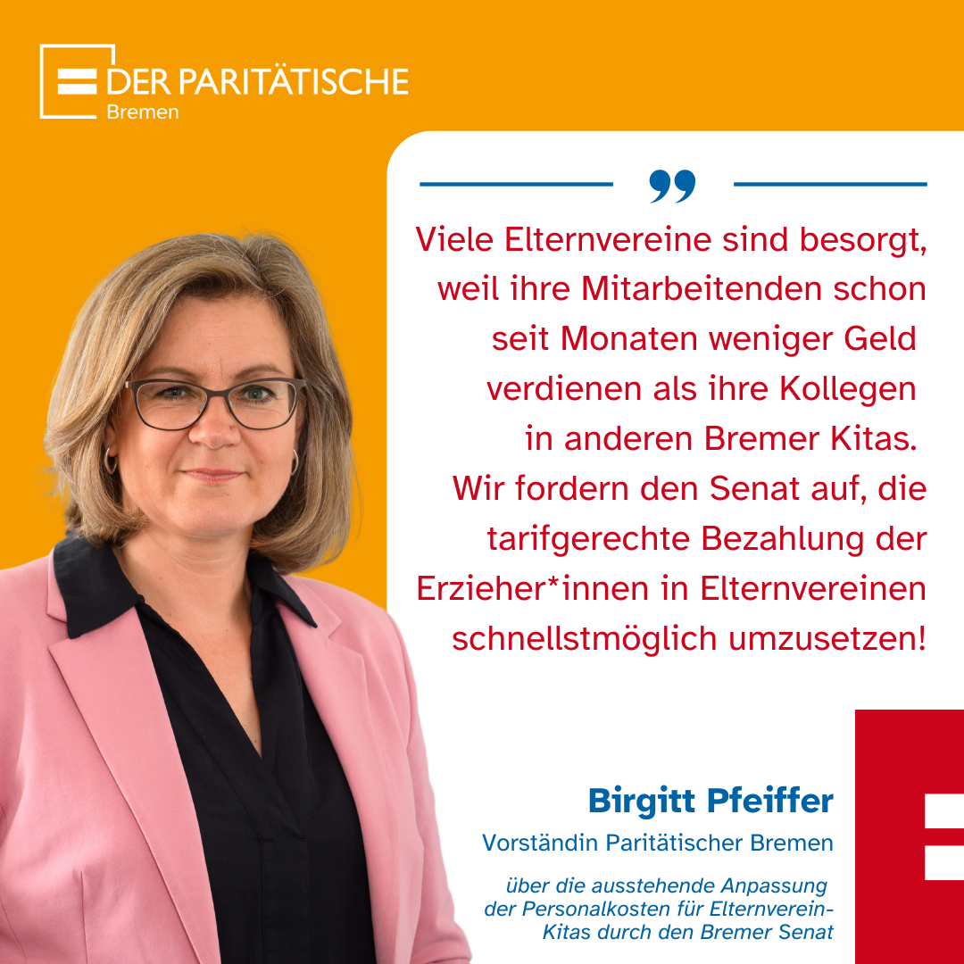 Viele Elternvereine sind besorgt, weil ihre Mitarbeitenden schon seit Monaten weniger Geld  verdienen als ihre Kollegen  in anderen Bremer Kitas.  Wir fordern den Senat auf, die tarifgerechte Bezahlung der Erzieher*innen in Elternvereinen schnell umzusetz