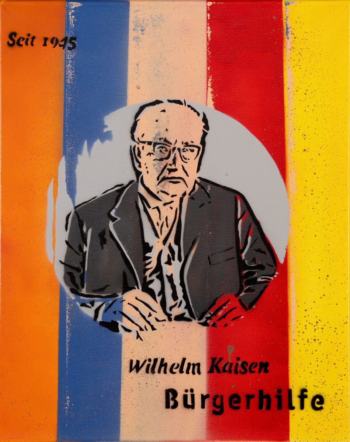 Bunte Streifen, Karikatur von Wilhelm Kaisen, Text: Seit 1945 Wilhelm Kaisen Bürgerhilfe
